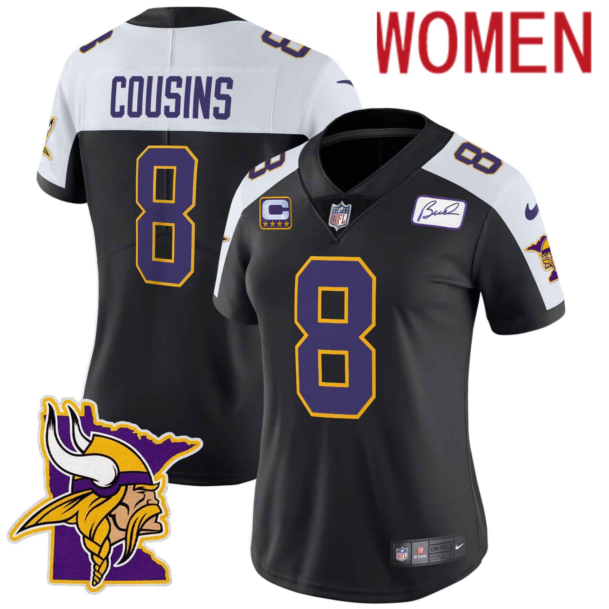 Women Minnesota Vikings #8 Cousins Black 2024 Nike Patch Classic Limited NFL Jersey
